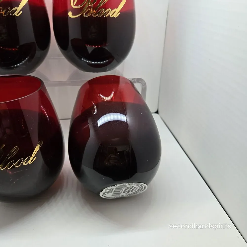 Set of 4 Halloween Blood Stemless Wine Glasses Red Black Ombre Gold Script